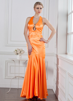 Robe de Bal de Promo Sirene Bretelles autour du cou Longeur au sol Charmeuse Robe de Bal de Promo avec Broche florale en cristal (018005235)
