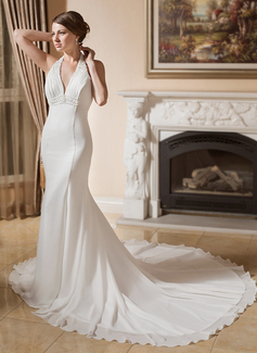 Robe de Mariée Sirene Bretelles autour du cou Traîne Chapelle mousseline de soie Robe de Mariée avec Ondulé Dentelle Perlé (002000043) Robe de Mariée Sirene Bretelles autour du cou Traîne Chapelle mousseline de soie Robe de Mariée avec Ondulé Dentelle Perlé (002000043)