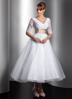 Robe de Mariée Ligne-A/Princesse Col V Longueur cheville Satin Tulle Robe de Mariée avec Dentelle Echarpes Perlé (002014739) Robe de Mariée Ligne-A/Princesse Col V Longueur cheville Satin Tulle Robe de Mariée avec Dentelle Echarpes Perlé (002014739)
