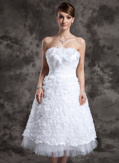 Robe de Mariée Ligne-A/Princesse Sans bretelles Longeur à mi jambe Taffetas Tulle Robe de Mariée avec Dentelle Fleurs (002024069)
