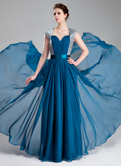 Robe de Bal de Promo Ligne-A/Princesse Cœur Longeur au sol Mousseline Charmeuse Pailleté Robe de Bal de Promo avec Ondulé (018019736)