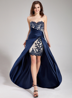 Robe de Bal de Promo Ligne-A/Princesse Cœur Assymetrique Satin Dentelle Robe de Bal de Promo avec Ondulé Dentelle Brodé (018019168)
