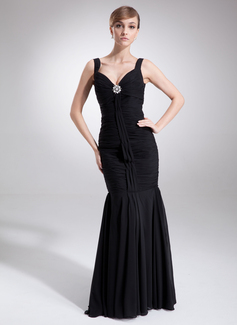 Robe de Bal de Promo Sirene Cœur Longeur au sol Mousseline Robe de Bal de Promo avec Ondulé Broche florale en cristal (018002758)