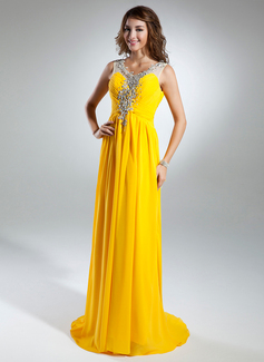 Robe de Bal de Promo Ligne-A/Princesse Col rond Traine longue Mousseline Organza Robe de Bal de Promo avec Ondulé Brodé (018015325)