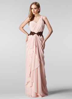 Robe de Bal de Promo Ligne-A/Princesse Une epaule Longeur au sol Mousseline Robe de Bal de Promo avec Ondulé Brodé (018004909)