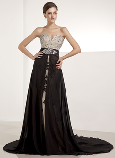 Aftenkjoler A-linje Sweetheart Chapel-slæb Chiffon Tyl Aftenkjoler med Blonder Perlebesat Palliet-belagt (017014235) Aftenkjoler A-linje Sweetheart Chapel-slæb Chiffon Tyl Aftenkjoler med Blonder Perlebesat Palliet-belagt (017014235)