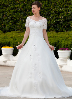 Robe de Mariée bal Hors épaule Traîne Chapelle Organza Robe de Mariée avec Ondulé Dentelle Perlé (002011562)