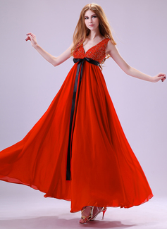 Robe de Bal de Promo Empire Col V Longueur cheville Mousseline Charmeuse Robe de Bal de Promo avec Ondulé Sash Brodé Pailleté (018021124)
