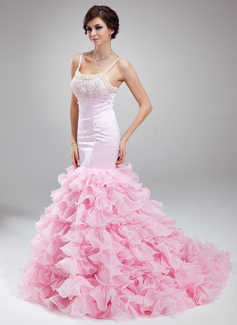 Robe de Bal de Promo Sirene Col rond Traine courte Organza Satin Robe de Bal de Promo avec Brodé (018018798)