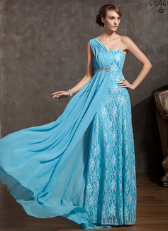 Robe de Bal de Promo Ligne-A/Princesse Une epaule Traîne Watteau Mousseline Dentelle Robe de Bal de Promo avec Ondulé Brodé (018014905)