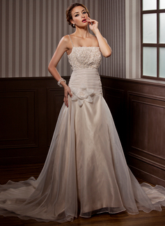 Robe de Mariée Ligne-A/Princesse Traîne Chapelle Organza Satin Robe de Mariée avec Ondulé Dentelle Perlé Fleurs (002000153)