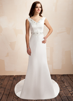Robe de Mariée Coupe droite Col V Traine courte Satin Robe de Mariée avec Perlé (002001452)