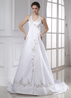 Robe de Mariée Ligne-A/Princesse Bretelles autour du cou Traîne Chapelle Satin Robe de Mariée avec Broderie Perlé (002015476) Robe de Mariée Ligne-A/Princesse Bretelles autour du cou Traîne Chapelle Satin Robe de Mariée avec Broderie Perlé (002015476)