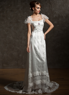 Robe de Mariée Coupe droite Encolure carrée Traine courte Tulle Charmeuse Robe de Mariée avec Dentelle Perlé Broche florale en cristal (002012089) Robe de Mariée Coupe droite Encolure carrée Traine courte Tulle Charmeuse Robe de Mariée avec Dentelle Perlé Broche florale en cristal (002012089)