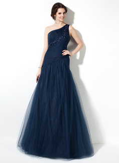 Robe de Bal de Promo Sirene Une epaule Longeur au sol Tulle Robe de Bal de Promo avec Ondulé dentelle Brodé (018017164)