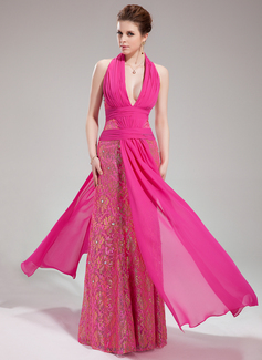 Avondjurken Nauwaansluitend Halter Vloerlengte Chiffon Kant Avondjurken met Roes Kraal (017019755)