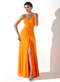 Robe de Bal de Promo Gaine Une epaule Longeur au sol Mousseline Robe de Bal de Promo avec Ondulé Fleurs (018004793)