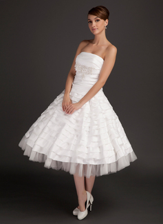 Robe de Mariée Ligne-A/Princesse Sans bretelles Longeur à mi jambe Satin Tulle Robe de Mariée avec Ondulé Dentelle Perlé (002015544)