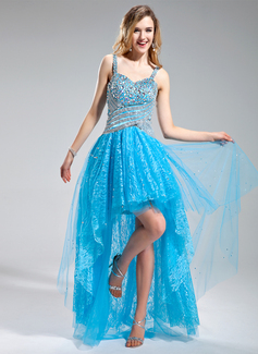 Robe de Bal de Promo Ligne-A/Princesse Cœur Assymetrique Tulle Dentelle Robe de Bal de Promo avec Brodé Pailleté (018018992)