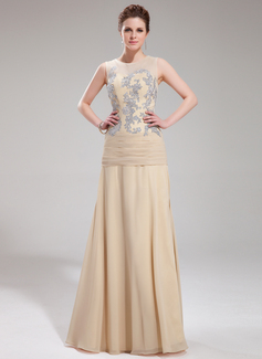 Avondjurken A-Lijn/Prinses Ronde Hals Vloerlengte Chiffon Tule Avondjurken met Kant (017019753)