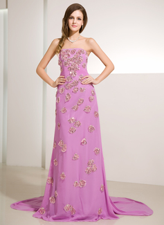 Cheap Prom Dresses Sheath Strapless Watteau Train Chiffon Prom Dress With Ruffle Beading Sequins (018014230)