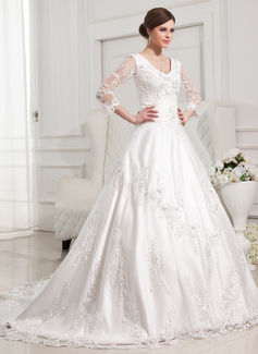 Robe de Mariée bal Col V Traîne Chapelle Satin Tulle Robe de Mariée avec lacet Perlé (002012846) Robe de Mariée bal Col V Traîne Chapelle Satin Tulle Robe de Mariée avec lacet Perlé (002012846)