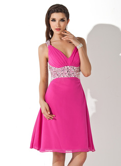Cocktail Dresses A-Line/Princess V-neck Knee-Length Chiffon Cocktail Dress With Beading (016008381)