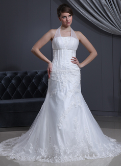 Robe de Mariée Ligne-A/Princesse Bretelles autour du cou Traine courte Satin Tulle Robe de Mariée avec Ondulé Dentelle (002000412) Robe de Mariée Ligne-A/Princesse Bretelles autour du cou Traine courte Satin Tulle Robe de Mariée avec Ondulé Dentelle (002000412)