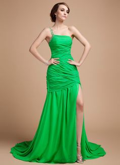 Robe de Bal de Promo Ligne-A/Princesse Une epaule Traine courte Mousseline Robe de Bal de Promo avec Ondulé Brodé Pailleté (018014513)