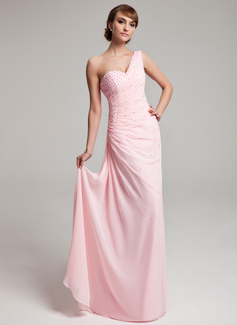 Robe de Bal de Promo Gaine Une epaule Longeur au sol Mousseline Robe de Bal de Promo avec Ondulé Brodé (018004880)