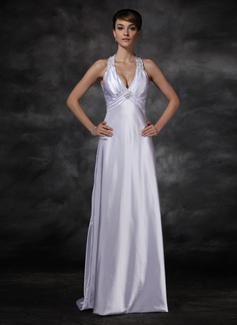 Robe de Mariée Coupe droite Bretelles autour du cou Traine longue Charmeuse Robe de Mariée avec Ondulé Perlé (002001609)