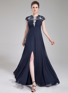 Avondjurken A-Lijn/Prinses Ronde Hals Vloerlengte Chiffon Tule Avondjurk met Roes Kraal Lovertjes (017019448)