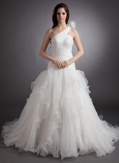 Robe de Mariée bal Une epaule Traine courte Organza Robe de Mariée avec Ondulé Fleurs (002000622)