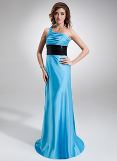 Robe de Bal de Promo Gaine Une epaule Traine courte Charmeuse Pailleté Robe de Bal de Promo avec Ondulé Sash (018002737)