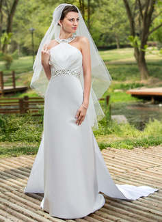 Robe de Mariée Ligne-A/Princesse Bretelles autour du cou Traîne Watteau Satin Robe de Mariée avec Ondulé Perlé Pailleté (002001180)