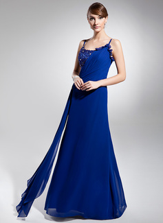 Robe de Bal de Promo Ligne-A/Princesse Col rond Longeur au sol Mousseline Charmeuse Robe de Bal de Promo avec Ondulé Brodé (018014694)