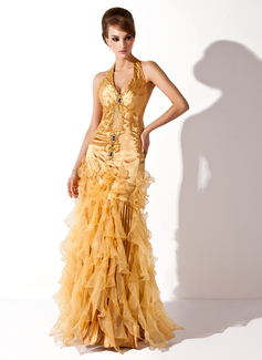 Robe de Bal de Promo Sirene Bretelles autour du cou Longeur au sol Organza  Charmeuse Robes de Bal de Promo avec Ondulé  Brodé (018005067)