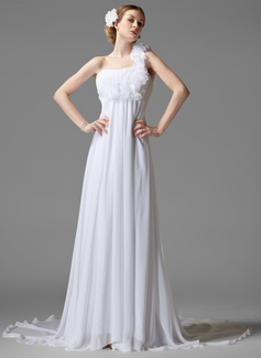 Robe de Mariée Empire Une epaule Traine courte Mousseline Robe de Mariée avec Ondulé Fleurs (002000441)