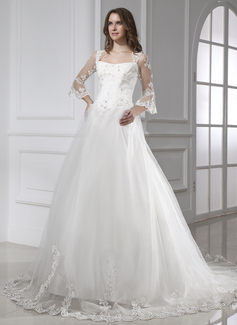 Robe de Mariée bal Encolure carrée Traîne Chapelle Satin Tulle Robe de Mariée avec Dentelle (002015458)
