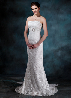 Robe de Mariée Coupe droite Sans bretelles Traine courte Mousseline Charmeuse Dentelle Robe de Mariée avec Ondulé Dentelle Broche florale en cristal (002000134)