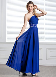 Avondjurken A-Lijn/Prinses Een-Schouder Vloerlengte Chiffon Avondjurk met Roes Kraal (017004344)