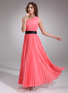 Robe de Bal de Promo Ligne-A/Princesse Une epaule Longeur au sol Mousseline Satin Robe de Bal de Promo avec Ondulé Bretelle (018004787)