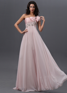 Robe de Bal de Promo Empire Une epaule Longeur au sol Mousseline Robe de Bal de Promo avec Ondulé Dentelle Brodé (018022744)