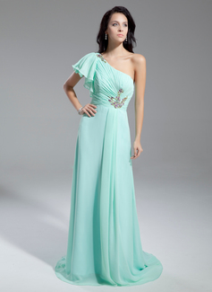 Robe de Bal de Promo Ligne-A/Princesse Une epaule Traine courte Mousseline Robe de Bal de Promo avec Ondulé Brodé (018014853)