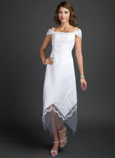 Robe de Mariée Coupe droite Hors épaule Longeur à mi jambe Satin Tulle Robe de Mariée avec Perlé (002015354)