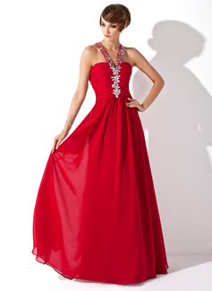 Robe de Bal de Promo Ligne-A/Princesse Bretelles autour du cou Longeur au sol Mousseline Robe de Bal de Promo avec Ondulé Brodé (018005359)