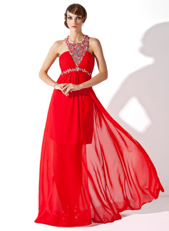 Robe de Bal de Promo Ligne-A/Princesse Col rond Traine longue Mousseline Robe de Bal de Promo avec Ondulé Brodé (018021090)