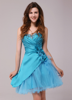 Cocktail Dresses A-Line/Princess Sweetheart Knee-Length Taffeta Tulle Cocktail Dress With Ruffle Beading Flower(s) (016013972)