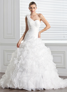 Robe de Mariée bal Une epaule Traine courte Organza Robe de Mariée avec Ondulé Fleurs (002000590)