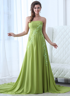 Avondjurken A-Lijn/Prinses Strapless Lange Sleep Chiffon Avondjurken met Roes Kant (017017354)